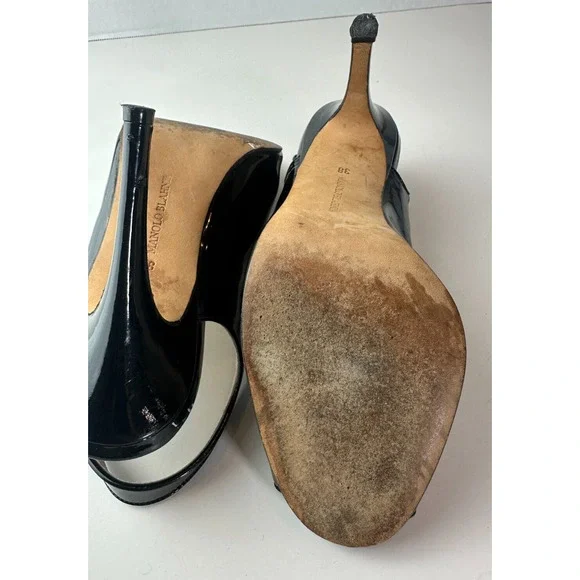 Manolo Blahnik Black Patent Leather Slingback Pump Peep Toe High Heels 38 US 8 - Picture 13 of 16